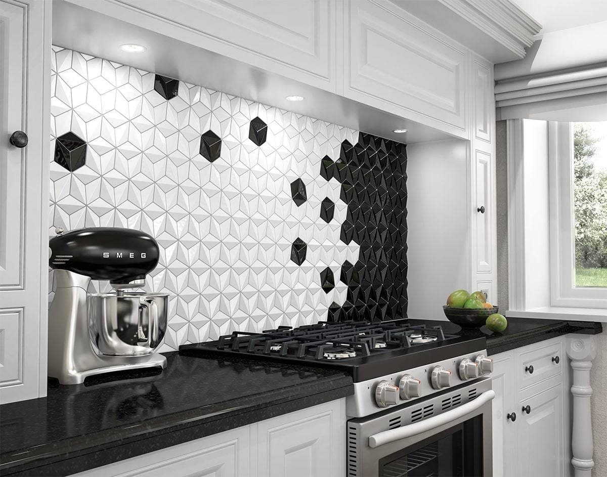 Kitchen backsplash in white dimensional hex tile fading into black hex behind the range
