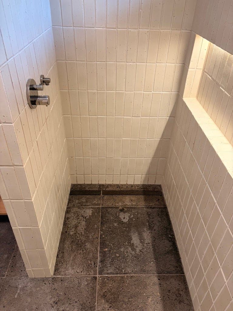 Shower walls tiled with the valve and niche in place, before grout and fixtures
